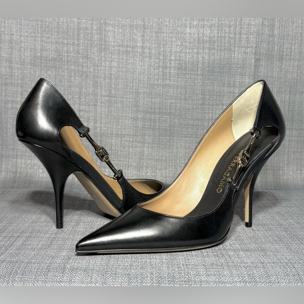 Ferragamo Tulip Pointed Toe Pump Black Leather Size 9.5 - Picture 2 of 8